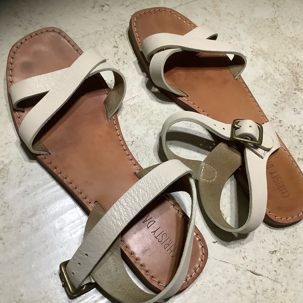 Christy Dawn Cream Leather Ankle-Strap Sandals - Picture 3 of 4